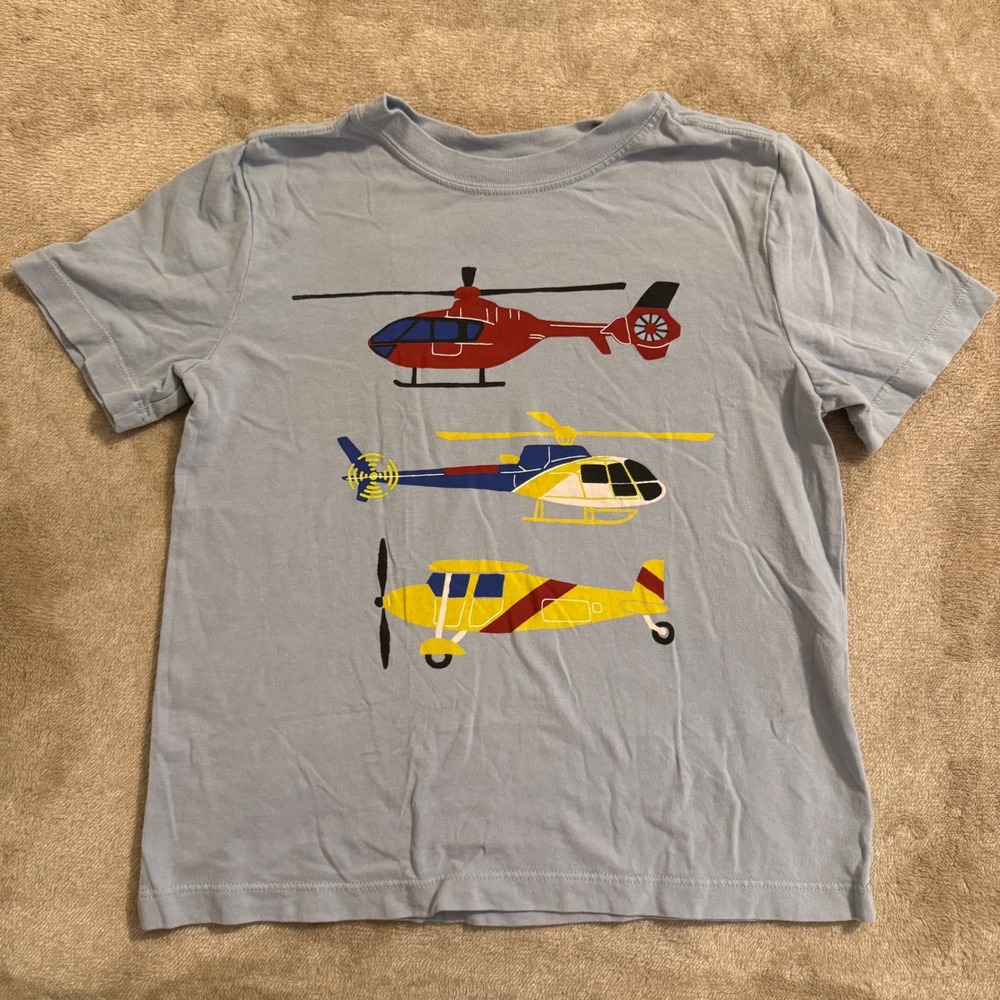Hanna Andersson Kids Light Blue Helicopter Airplane Graphic Tee Shirt US 5 110cm